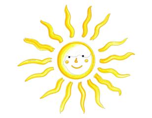 Animated yellow sun illustration with a smiling face and radiating wavy rays against a black background