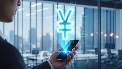 Asian businessman holding smartphone with glowing digital Yen currency symbol projected in a modern office environment, representing digital finance and technology. - Powered by Adobe