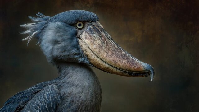 深紅背景でハシビロコウの巨大なくちばしを夜のスタジオで近接撮影