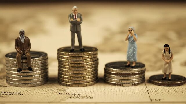 Miniature figures standing on coin stacks symbolize wealth disparity and economic status against an earth-toned background, highlighting global financial dynamics.