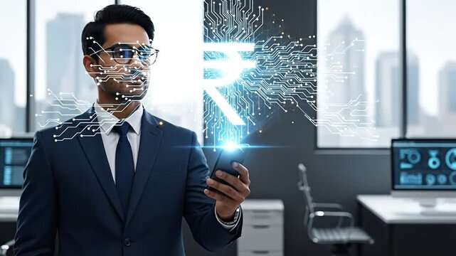 Young South Asian businessman in a suit and glasses interacting with a glowing digital Indian Rupee symbol from his smartphone, representing fintech and digital finance in a modern office.