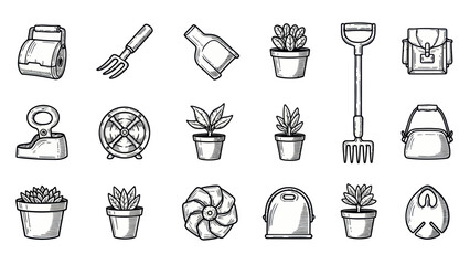 Collection of hand drawn gardening tools and plants illustrations in monochrome © Shok