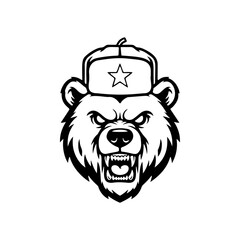 Aggressive bear mascot head, growling, wearing a Soviet/Russian ushanka hat with a star. Black and white vector logo for gaming, eSports, or sport team design.