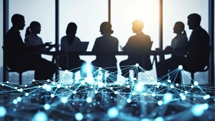 Business professionals in a modern office meeting room with a glowing digital network overlay, symbolizing global connection, data, and technological collaboration - Powered by Adobe