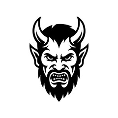 Fototapeta premium Furious demon monster head vector with beard and horns. Aggressive monochromatic design for gaming, eSports mascot, fantasy illustration, or heavy metal band logo.
