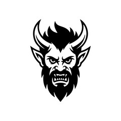 Fototapeta premium Furious demon monster head vector with beard and horns. Aggressive monochromatic design for gaming, eSports mascot, fantasy illustration, or heavy metal band logo.