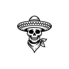 Skull mascot vector wearing a sombrero and a bandana. Monochromatic design perfect for Mexican culture, Day of the Dead, biker gang, criminal, or Western themed logos.