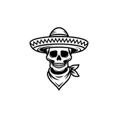 Skull mascot vector wearing a sombrero and a bandana. Monochromatic design perfect for Mexican culture, Day of the Dead, biker gang, criminal, or Western themed logos.