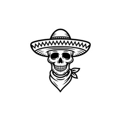 Skull mascot vector wearing a sombrero and a bandana. Monochromatic design perfect for Mexican culture, Day of the Dead, biker gang, criminal, or Western themed logos.
