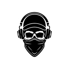 Urban skull vector wearing a baseball cap, headphones, and bandana mask. Aggressive monochromatic design for streetwear, graffiti art, DJ, gaming, or underground music logos.