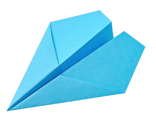 A close-up view of a folded blue paper airplane on a solid black background