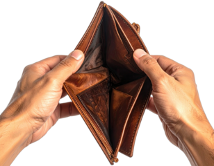Close-up view of hands holding up an empty, worn, brown, leather wallet