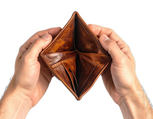 A pair of hands display an empty leather wallet against a black background