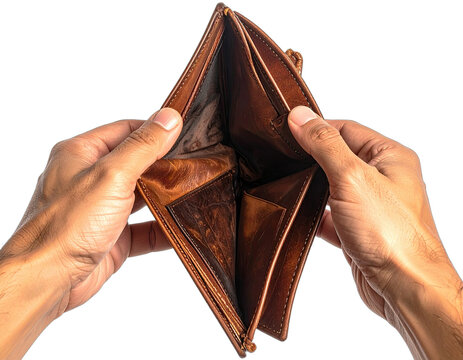 Close-up view of hands holding up an empty, worn, brown, leather wallet