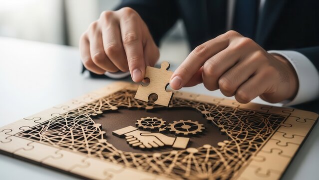 Closeup Businessman Hand placing last piece of puzzle, representing business solution, strategic completion, merger and acquisition success, and problem-solving skills