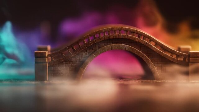 A rendered arched stone bridge with subtle mist and colorful, blurred background