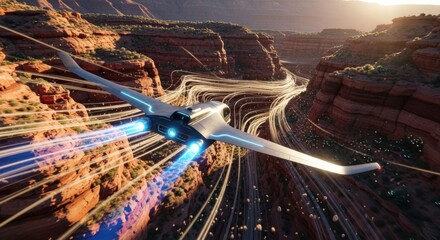 Futuristic aircraft soaring through canyon at high speed, light trails.