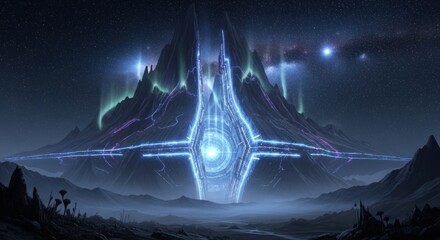 Futuristic Alien Cityscape with Glowing Structures and Mysterious Atmosphere.