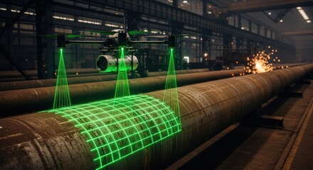 Futuristic augmented reality technology inspecting a large industrial steel pipe for defects in a factory setting.