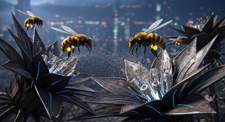 Futuristic Bees Hovering Over Metallic Flowers in a Dark Environment.
