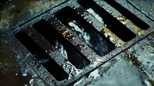 An urban scene featuring a rusted drain cover with water dripping from it.