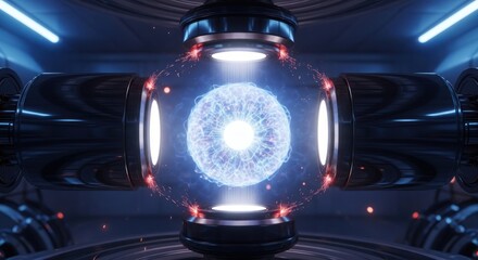 Futuristic glowing orb in a high-tech laboratory setting.