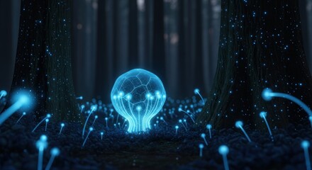 Futuristic glowing blue sphere in a dark forest with bioluminescent plants.