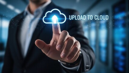 Closeup Businessman Hand selecting Upload to Cloud icon, representing server migration, data storage, digital backup, and SaaS technology solutions