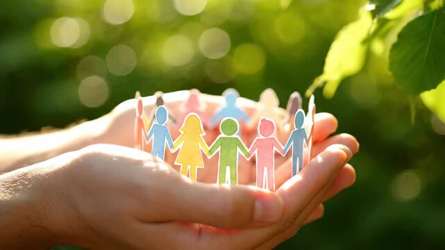 Close up shot of hands holding a paper people chain circle against blurred green foliage and sunlight, symbolizing unity, community and connection.