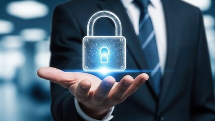 Closeup Businessman Hand holding virtual padlock with keyhole, representing data encryption, password security, information safety, and privacy protection