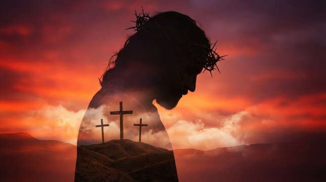 Double exposure silhouette of Jesus Christ with crown of thorns and three crosses on Calvary hill at sunset. Good Friday Christian background of crucifixion and sacrifice.