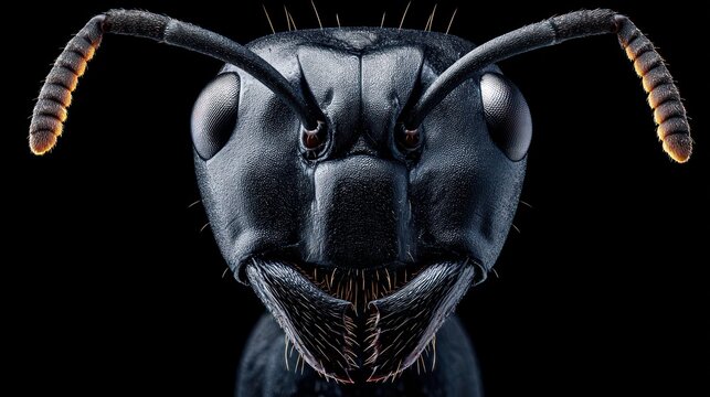 Extreme close-up of a glossy black ant facing forward on a completely black background