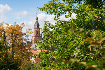 Historic Church of the Holy Spirit Belfry.Church of the Holy Spirit Belfry in the trees. Heidelberg, Germany.
