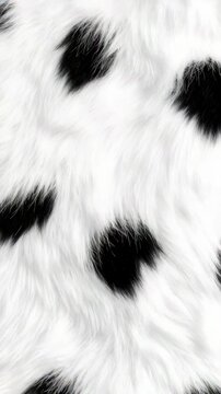 A close up of a white and black animal fur. The fur is very fuzzy and has many black spots