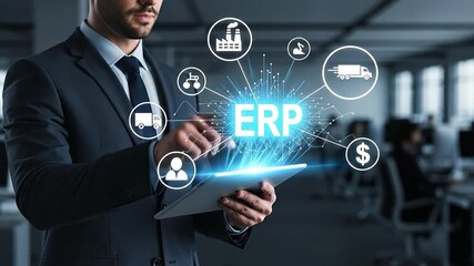 Professional Businessman Interacting with Enterprise Resource Planning (ERP) System on Digital Tablet in Modern Office - Powered by Adobe