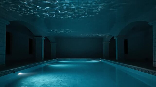 Cinematic Dark Indoor Tiled Swimming Pool with Glowing Cyan Water Caustics and Arches in Liminal Space Aesthetic