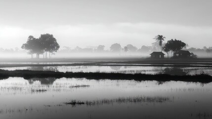 Rural landscape with misty rice paddies reflecting the sky and distant trees/buildings