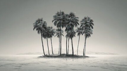 Serene black and white view of a small, palm-tree covered island in the ocean