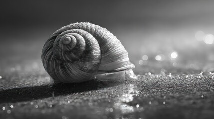 Monochrome close-up of a textured seashell with a spiraling pattern on a glistening surface