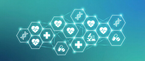 Digital network of interconnected hexagons with medical and scientific icons on a blue-green background, representing healthcare technology and research.