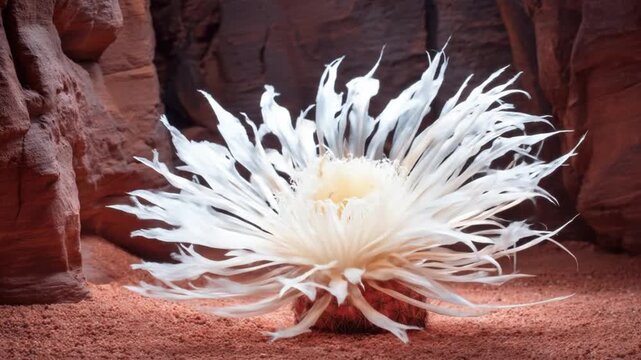 Close-up of a cactus flower in a reddish-brown canyon. Delicate white petals radiate outwards