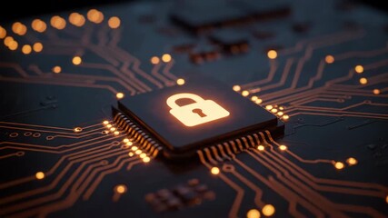 Orange padlock icon on microchip with glowing circuits illustrates cybersecurity. Represents data privacy, network protection, and secure online systems. - Powered by Adobe