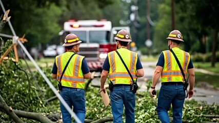 Emergency Response Team Assessing Damage After Storm with Fire Truck Nearby