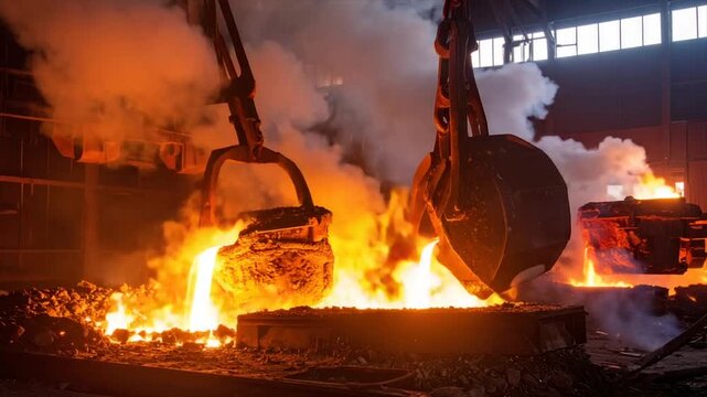 Molten metal pouring from large containers in a smoky industrial setting, intense heat apparent