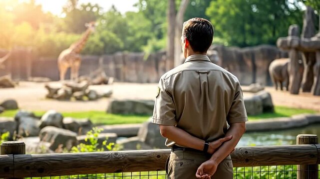 Male Zookeeper Observing Giraffes and Elephants at a Wildlife Sanctuary - Nature Conservation Experience