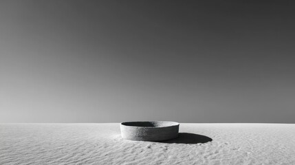 Stone bowl sits on sun-bleached desert sand under a clear, bright, hazy sky
