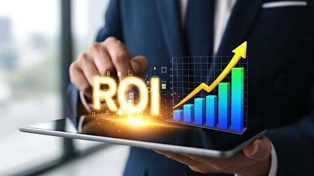 Business professional holding a digital tablet displaying glowing ROI text and a rising bar chart indicating financial growth and success