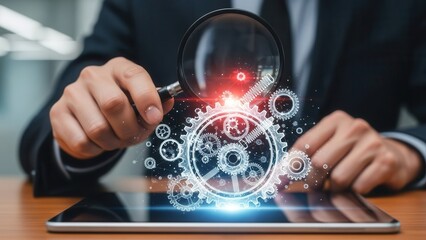 Quality assurance concept, Closeup Businessman Hand holding magnifying glass inspecting virtual product gear, representing defect detection, manufacturing standards, and process control