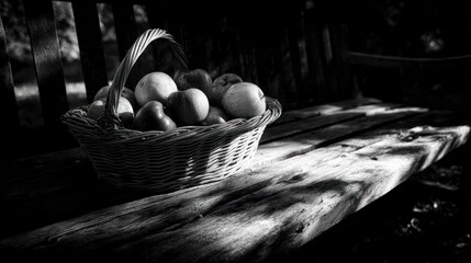 Rustic basket filled with fruit rests on weathered wooden planks in dappled sunlight