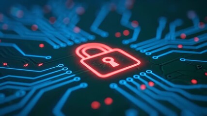 A red glowing padlock icon is centered on a dark green circuit board with bright blue traces and red data dots representing digital security. - Powered by Adobe